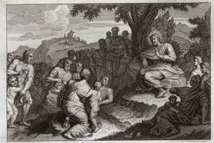 Royaumont-Bibel, Neues Testament: Bergpredigt. Jesus Christus wählt zwölf Apostel aus seinen Jüngern und hält vor ihnen und vor einer großen Menge die Predigt, die gewöhnlich Bergpredigt genannt wird. Illustration von 1811.
