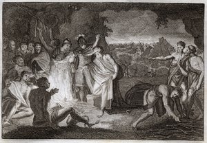 Royaumont-Bibel, Neues Testament: Schiffbruch des Heiligen Paulus. Er wird von einer Viper gebissen, ohne Schaden zu nehmen. Illustration von 1811.