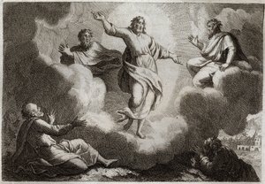 Royaumont-Bibel, Neues Testament: Die Verklärung Jesu Christi. Christus umgeben von Mose und Elia, darunter die Apostel Johannes, Petrus und Jakobus. Illustration von 1811.