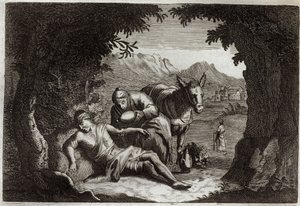 Royaumont-Bibel, Neues Testament: Das Gleichnis vom barmherzigen Samariter. Der Samariter hält auf seinem Weg an, um dem Mann in Not zu helfen. Illustration von 1811. von Unknown artist