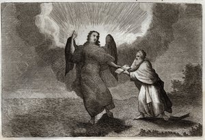 Royaumont-Bibel, Neues Testament: Vision des Heiligen Johannes. Vision des Engels mit einem offenen Buch, das Johannes zum Verzehr gibt. Illustration von 1811.