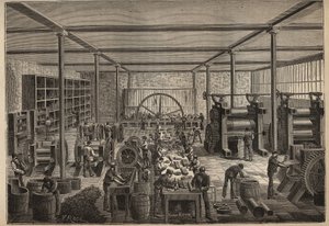 Gummi: Gummifabrik. Gravur von 1885 in „Les arts et métiers illustrés“ von Adolphe Bitard.