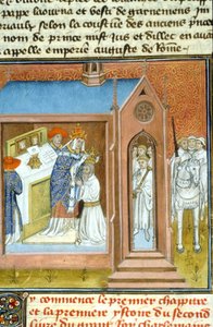 Krönung von Karl dem Großen (742 - 814) im Jahr 800 durch Papst Leo III. - Illumination eines Manuskripts aus dem Mittelalter (ref. 512, 089v) Genehmigung der Stadtbibliothek Toulouse erforderlich (tel: 05 62 27 66 66)
