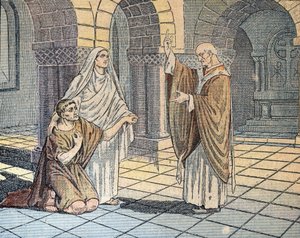 Heiliger Augustinus von Hippo (354-430) und seine Mutter Sainte Monique vor dem Heiligen Ambrosius (340-397) in Mailand, 387 (St. Augustinus von Hippo mit seiner Mutter St. Monika vor St. Ambrosius von Mailand, 387) Illustration aus „Le pelerin“ 1933 Priva von Unknown Artist