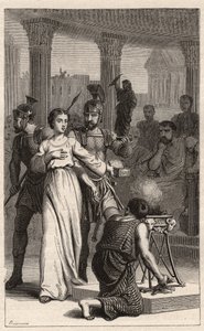 Heilige Blandina - Heilige Blandine (Märtyrerin 177) weigert sich, den Götzen zu opfern - Gravur in „Die berühmten Frauen Frankreichs“ von Oscar Havard - 1886