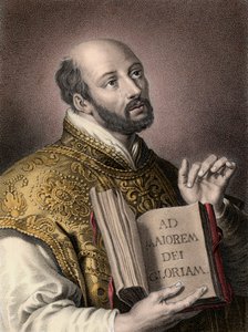 Heiliger Ignatius von Loyola, spanischer Theologe, hält ein Buch mit dem lateinischen Motto der Gesellschaft Jesu „Ad maiorem Dei gloriam“ - Porträt von Ignatius von Loyola