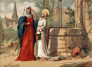 Sainte Genevieve (422-502), Schutzpatronin von Paris, gibt ihrem Meerblick. Chromolithographie um 1890