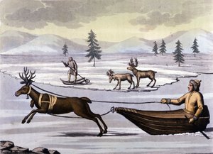 Sami: indigene Völker, die in den nördlichen Ländern (Norwegen, Finnland, Schweden und Russland) leben, bewegen sich mit Rentierschlitten oder Skiern. Gravur aus dem 19. Jahrhundert von Unknown artist