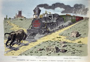 Satirische allegorische Vignette: Der Bulle, Symbol des Kapitalismus, versucht den Zug der Arbeitsreform zu stoppen. Jeder Wagen ist für ein Land bestimmt: Deutschland, Frankreich, England, Italien 1897 von Unknown artist