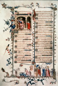 Saul bedroht David, Kain tötet Abel, Allegorien der Eucharistie und Nächstenliebe. Brevier von Belleville. 1323-1326. Ms. Lat. 10483 fol.24v. - Jean Maid. Belleville Brevier von Unknown artist