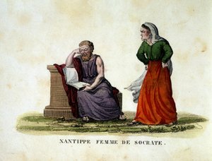 Haushaltsszene zwischen Sokrates und seiner Frau Xanthippe - Gravur