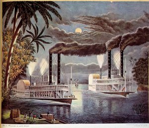 Szene der Bootsfahrten auf dem Mississippi in den Vereinigten Staaten. 19. Jahrhundert. Paris, dekorative Künste
