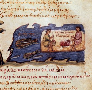 Szene des Nachtfischens. Miniatur aus der Jagd „Die Cynegetics“ von Oppian von Syrien (3. Jahrhundert n. Chr.), gewidmet Caracalla. 11. Jahrhundert Venedig, Biblioteca Marciana von Unknown artist