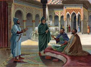 Szenen aus verschwundenen Königreichen: Maurischer Rat (Mauren, Name für Araber, die einen Teil Spaniens besetzten) im Alhambra-Palast in Granada. Granada ist der letzte maurische Staat, der 1482 endete. Chromolithographie des 19. Jahrhunderts