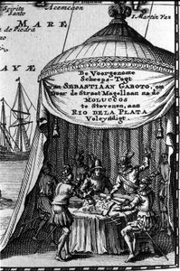 Sebastiano Caboto (Sebastien Cabot) auf einer Navigationskarte mit anderen Navigatoren. Anfang des 17. Jahrhunderts von Unknown artist