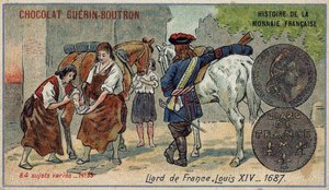 Serie Histoire de la Monnaie Française, veröffentlicht von Chocolat Guérin Boutron. Chromolithographie des 19. Jahrhunderts. Liard aus Frankreich. Ludwig XIV. 1687 von Unknown artist