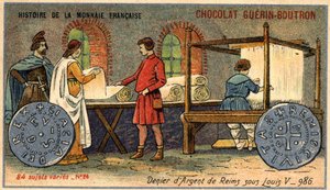 Serie Histoire de la Monnaie Française, veröffentlicht von Chocolat Guérin Boutron. Chromolithographie des 19. Jahrhunderts. Der Silberdenar von Reims unter Ludwig V. im Jahr 986 von Unknown artist