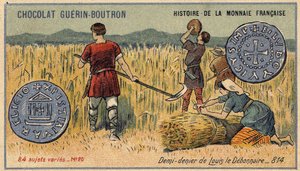 Serie Histoire de la Monnaie Française, veröffentlicht von Chocolat Guérin Boutron. Chromolithographie des 19. Jahrhunderts. Halber Denar von Ludwig dem Frommen im Jahr 814 von Unknown artist