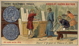 Serie Histoire de la Monnaie Française, veröffentlicht von Chocolat Guérin Boutron. Chromolithographie des 19. Jahrhunderts. Silberdenar von Chlothar II. im Jahr 584 von Unknown artist