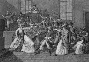 Sitzung des Gesetzgebungsorgans in der Orangerie von Saint Cloud: Bonaparte stellt sich der Versammlung des Rates der Fünfhundert (Raum der 500) vor und löst sie am 19. Brumaire Jahr VIII während des Staatsstreichs des 18. Brumaire auf.