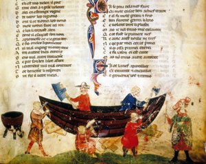 Schiffbau und Kalfatern im 13. Jahrhundert. Miniatur aus dem „Roman de Troy“ von Benoit de Saint Maure. 14. Jahrhundert Biblioteca Marciana, Venedig von Unknown artist
