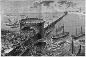 Belagerung von Alexandria durch Julius Caesar im Jahr 47 v. Chr. Die Galeere von Caesar unter dem Gewicht der Soldaten, die sie überfallen haben. Gravur von 1885. von Unknown artist