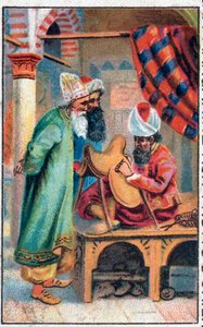 Sindbad macht einen Sattel. Die wunderbaren Abenteuer von Sindbad dem Seefahrer. Beliebtes Märchen aus 1001 Nacht (Tales of the Thousand and One Nights). Chromolithographie aus dem späten 19. Jahrhundert. von Unknown artist