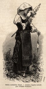 Kleine Contadine (Bäuerin) aus der Umgebung von Rom, die Wolle mit ihrer Spindel spinnt. Gravur zur Illustration der Reise nach Rom, von Francis Wey, 1864-1870, veröffentlicht in „Le Tour du Monde“ 1870-1871, herausgegeben von Edouard Charton, Hachette, Pa