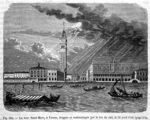 Der Markusturm in Venedig wurde am 23. April 1745 vom Himmel getroffen und beschädigt - in „Die Wunder der Wissenschaft“ von Louis Figuier von Unknown artist