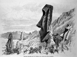 Statuen auf dem Hang des Vulkans Ronoraraka auf der Osterinsel (Rapa Nui). Gravur von 1871. von Unknown artist