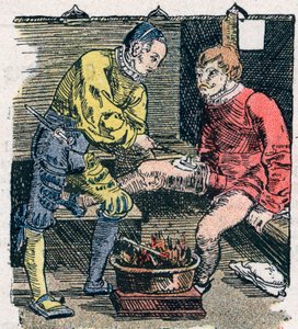 Chirurg, der 1528 eine Wunde versorgt.