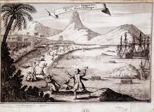 Überraschung der Indianer bei der Landung von Christoph Kolumbus in Guadeloupe (Karavellen) - Gravur