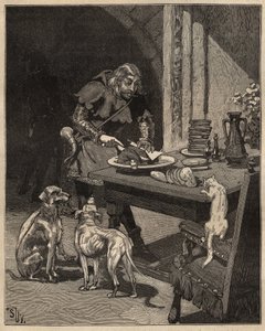Tischkunst: schneidet Lebensmittel vor dem Eintreffen der Gabel. Ein Mann hält das Fleisch mit einem Blatt Papier in einer Hand und benutzt sein Messer in der anderen. Gravur von 1885 in „Les arts et metiers illustres“ von Adolphe BITARD