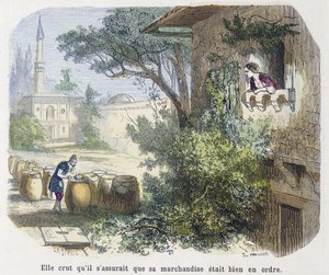 Märchen: „sie glaubte, dass er sicherstellte, dass seine Waren in Ordnung waren“ - in „Tausendundeine Nacht“, ed. Emile Guérin, erzählt von Md Bondet, Paris, n.d. von Unknown artist