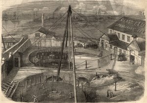Telegrafie: Das transatlantische Kabel, hergestellt in der Glasfabrik Elliot and Company in East Greenwich (England), ist bereit zur Auslieferung. Gravur in „The Illustrated London News“ vom 14. März.