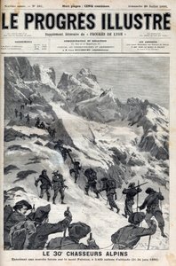 Die 30. Alpenjäger führen einen Gewaltmarsch auf den Mont Pelvoux in 3400 Metern Höhe am 21.-24. Juni 1895 durch - Gravur in „Le Progres illustré“ von 1895 von Unknown artist