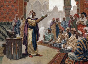 Der arabische Alchemist Geber (Jâbir ibn Hayyan) (ca. 721-ca. 815), ätzt Chemie. Barcelona 1881