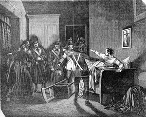 Die österreichisch-ungarische Polizei verhaftet einen Carbonaro, Mitglied der geheimen politischen Gesellschaft. Gravur des 19. Jahrhunderts.