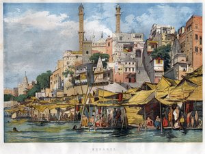 Der Benares-Ghat in Indien (heutiges Varanasi) (Ghat bezeichnet die Stufen, die die Ufer der Flüsse und die Ufer der Becken und Reservoirs bedecken, die den Abstieg in Kontakt mit Wasser ermöglichen). Gravur von 1857.