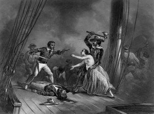 Der karibische Pirat Morgan entführt die schöne Spanierin. In „Histoire générale de la marine“ von Van Tenac.