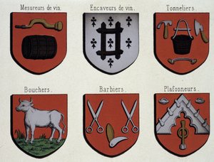 Die Wappen von Gent (Beispiel von Wappen des Mittelalters): Weinmesser, Weinkeller, Küfer, Metzger, Friseure, Deckenmacher von Unknown artist