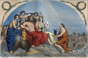 Der Rat der Götter (oder Versammlung der Götter): Zeus auf dem Olymp umgeben von Gottheiten - Olymp- Gravur aus „Usi e Costumi di Tutti i Popoli dell