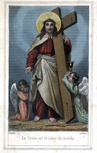 Das Kreuz ist das Heil der Welt. Volksbild über Christus, der das Kreuz trägt. Zwei Engel stehen an seiner Seite. Um 1850