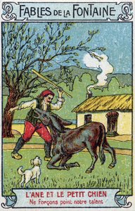 Der Esel und der kleine Hund - Fabeln von Jean de La Fontaine (1621-95) Chromolithographie aus dem späten 19. Jahrhundert Private Sammlung