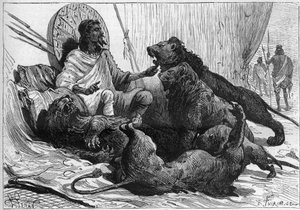 Der Kaiser (Ras) Theodoros von Abessinien umgibt sich mit seinen Löwen. In „Nature“ von 1888 von Unknown artist