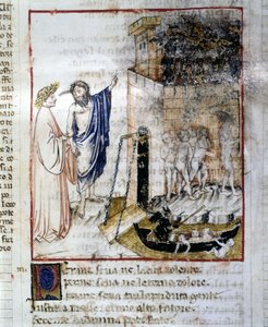 Der Eingang zur Unterwelt - in „Die Göttliche Komödie“ von Dante Alighieri, Miniatur eines Manuskripts aus dem 14. Jahrhundert, Bibl. Municipal von Rimini