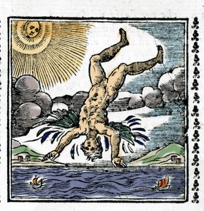 Der Sturz des Ikarus. Farbige Xylographie. 16. Jahrhundert