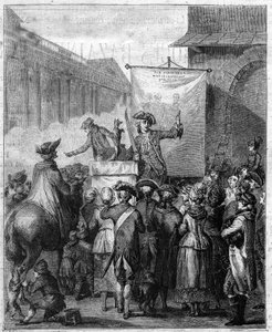 Der französische Scharlatan im 18. Jahrhundert. Gravur in „Le XVIIIème siècle: mores, usages et costumes“ von Paul Lacroix von Unknown artist