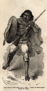 Das Spiel, oder der tapfere mit drei Haaren, abessinischer Gewehrsoldat. Gravur zur Illustration der Reise nach Abessinien, im Jahr 1862 von Guillaume Lejean, in „Le tour du monde, nouveau journal des voyages“, veröffentlicht unter der Leitung von Edouard 