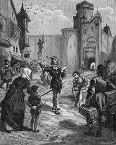 Der deutsche Ritter, Dichter und Humanist Ulrich von Hutten (1488-1523) deklamiert eines seiner Gedichte auf der Straße. Gravur des 19. Jahrhunderts. In „Histoire de France“ von Jules Michelet von Unknown artist